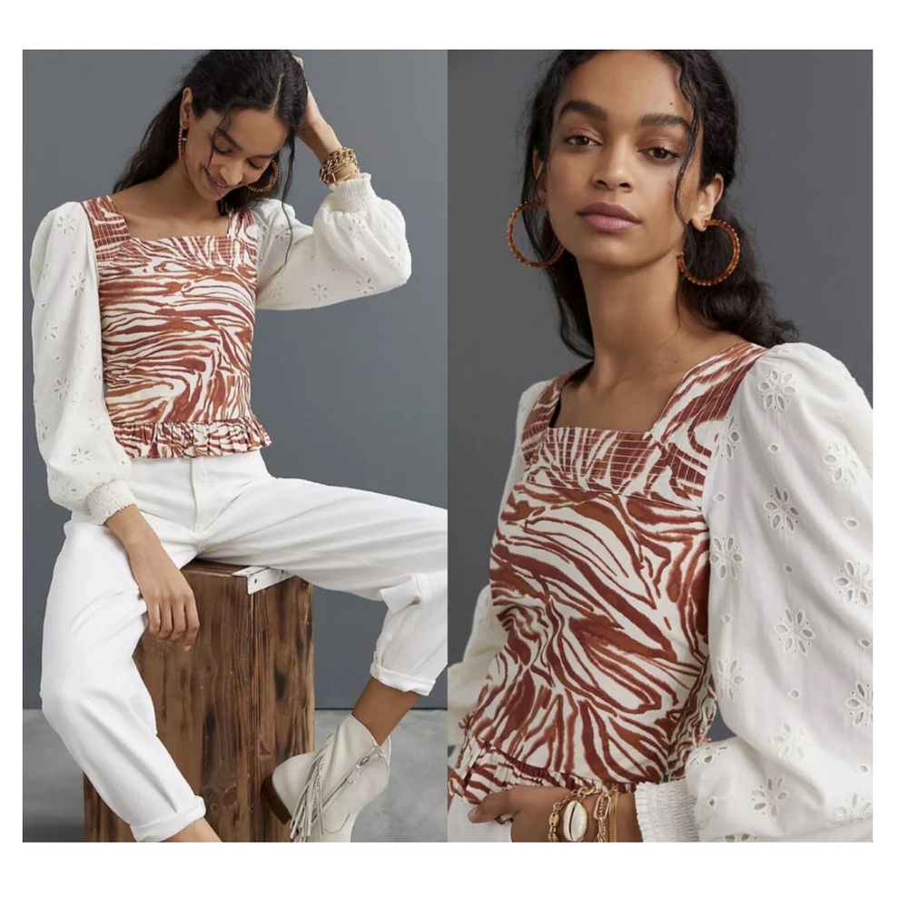 NWT Anthropologie Love the Label Smocked Puff Sleeve Blouse Zebra Print Sz M